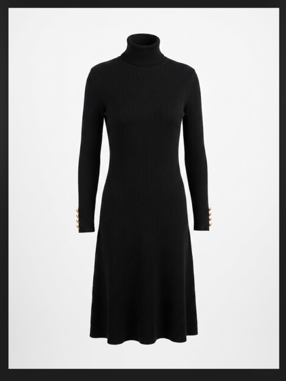 Polo Ralph Lauren Black Ribbed Turtleneck Dress Gold Buttons Medium